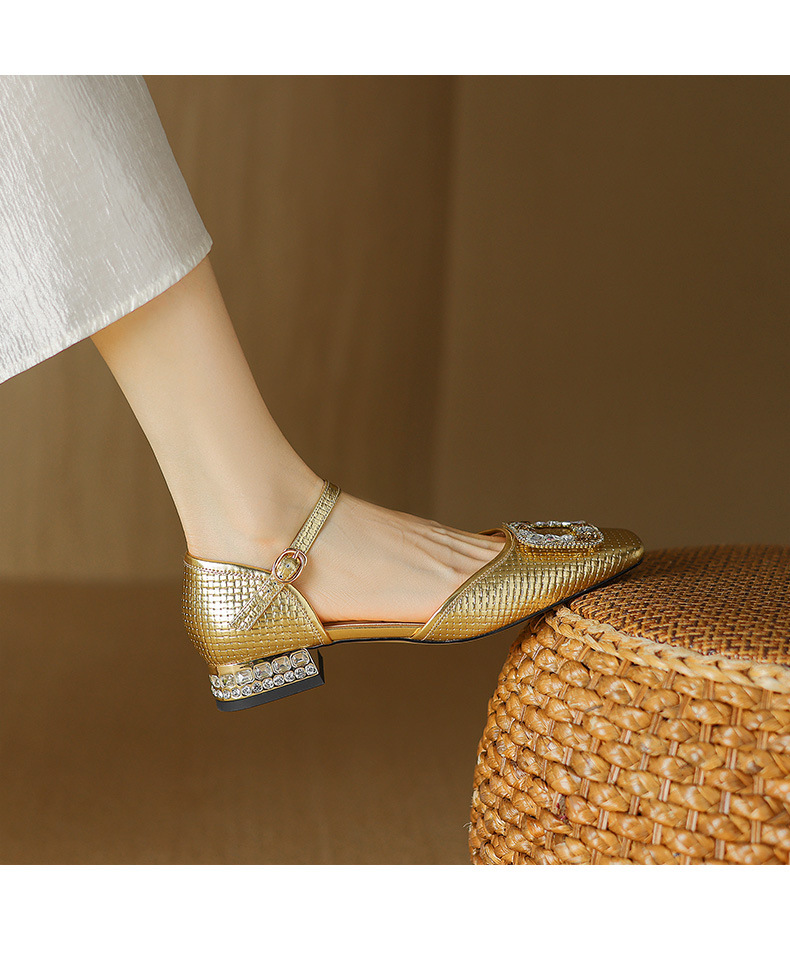 Sandal nữ bít mũi đế bệt da bò khóa vuông đính đá rhinestone — Màu vàng chi tiết 11
