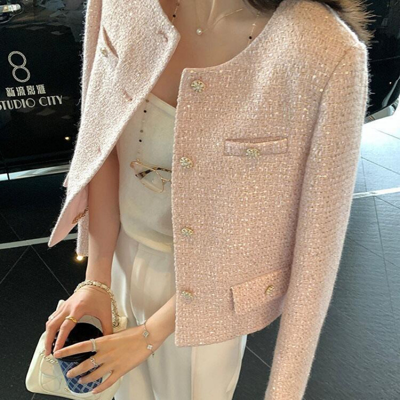 Elegant Sequin Chanel-Style Short Jacket, Tweed Short Jacket, Pink Round-Neck Top for Women