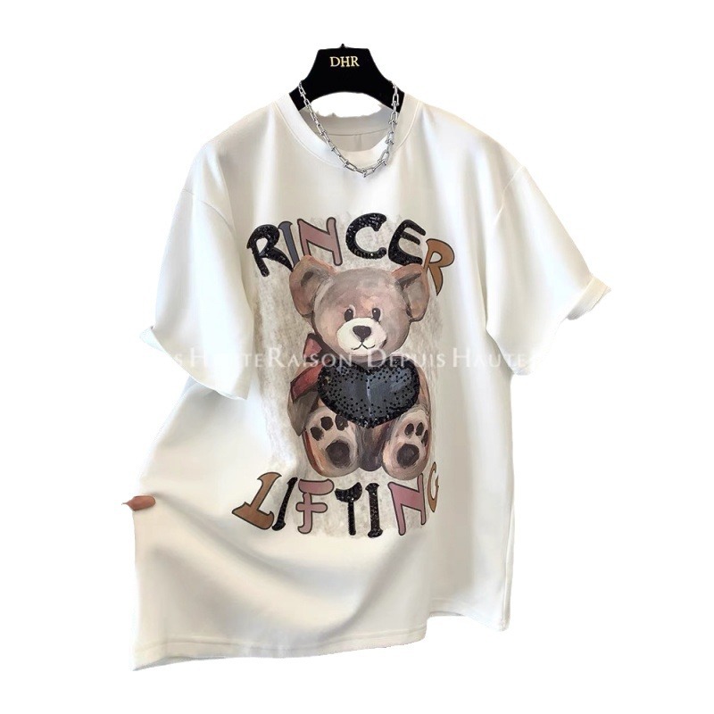 Camiseta de manga corta con estampado de oso, estilo europeo, cepillada y engrosada, para mujer, nueva colección otoño/invierno 2026, top adelgazante de talla grande con media manga. image 7