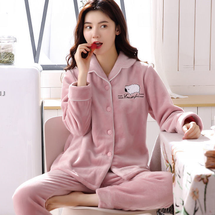 Autumn and Winter Thickeneded Pajamas, Thickeneded and Warm Women's Flannel Cardigans, Plus Coral Velvet, Cute Korean Style Home Clothes