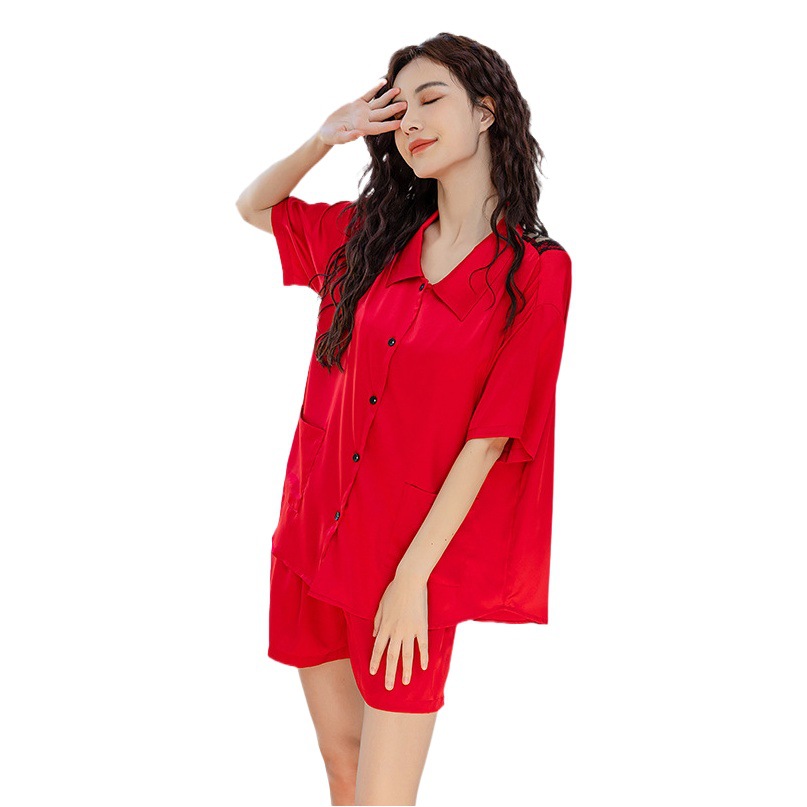 Estilo francés sexy espalda hielo y nieve suave seda Pijamas Mujer primavera y verano delgada manga corta pantalones cortos pequeño cuello cuadrado homewear