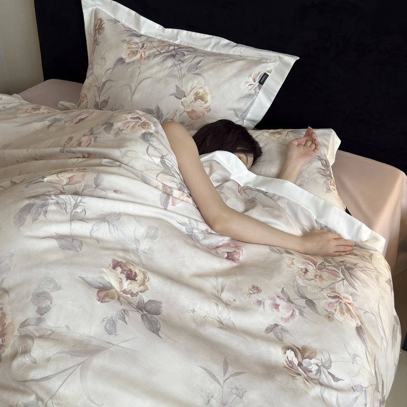 100S磨毛四件套感花卉被套床单1.8/2.0m加大纯棉床品|undefined