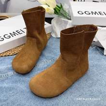 大头短靴女平底单靴复古女靴子2025年秋季新款磨砂牛皮马丁靴