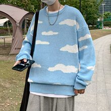 日系不规则云朵毛衣男秋冬季潮牌宽松慵懒风外套青少年圆领针织衫