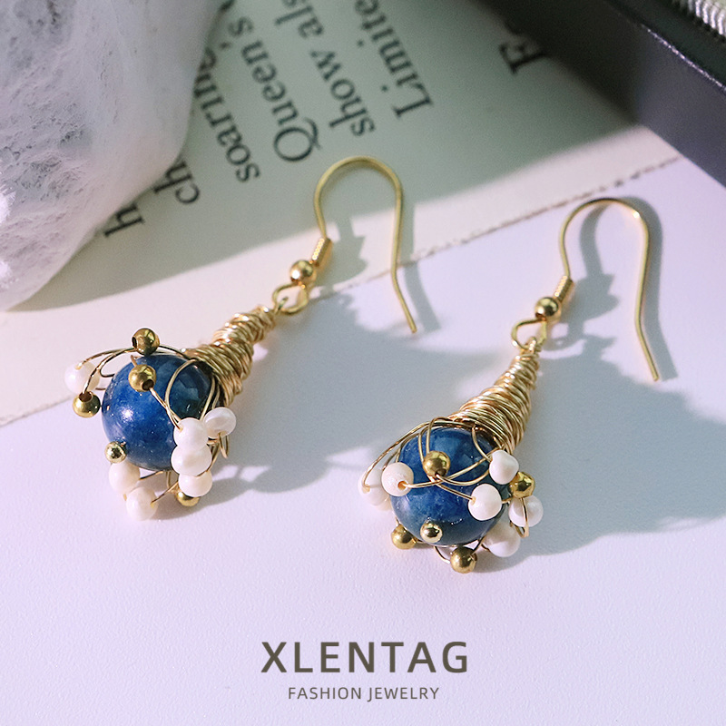 Perla natural cianita alambre aretes aretes aretes ligeros aretes de lujo aretes diseñados a mano aretes de alta sensación