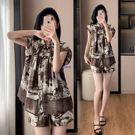 胖人显瘦遮肉印花两件套夏季新款胖复古新中式盘扣上衣短裤套装