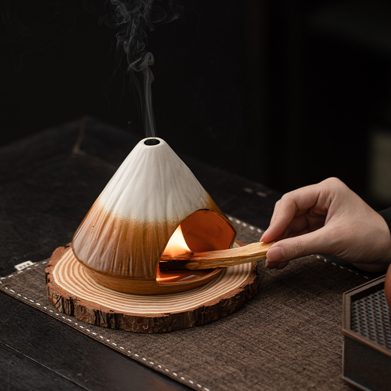 富士山熏香壁炉 雪松鼠尾草熏香炉秘鲁圣木大号窑变陶瓷香炉|undefined