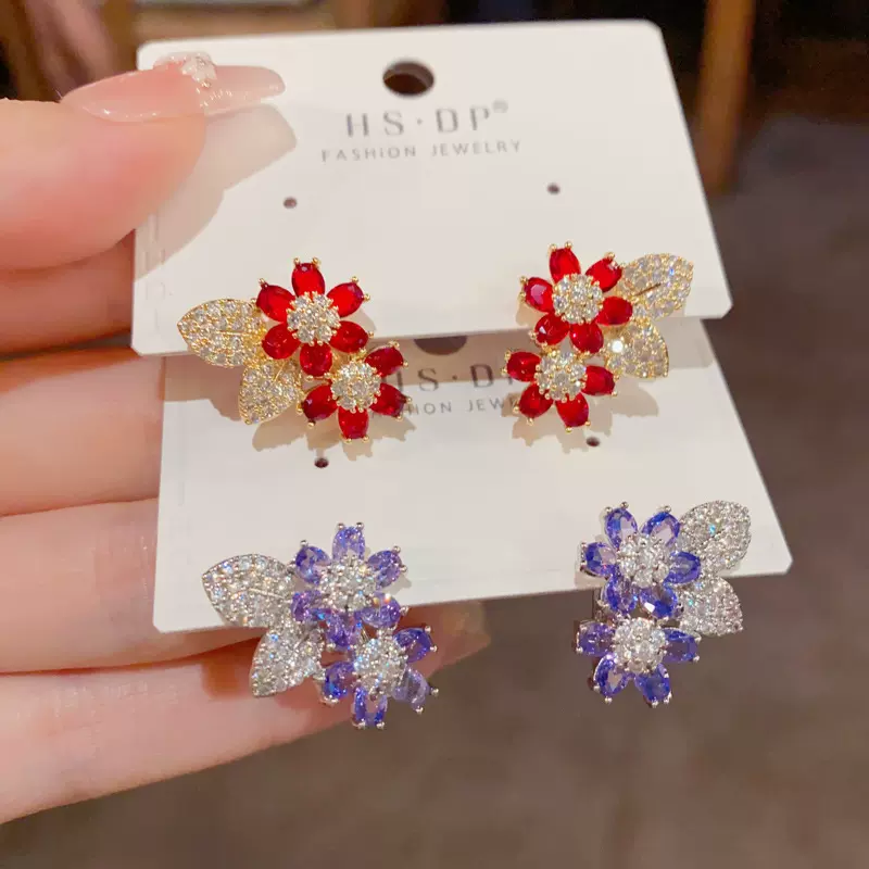 微镶满锆双花瓣耳扣女个性轻奢时尚百搭高级感超闪高品质耳环批发