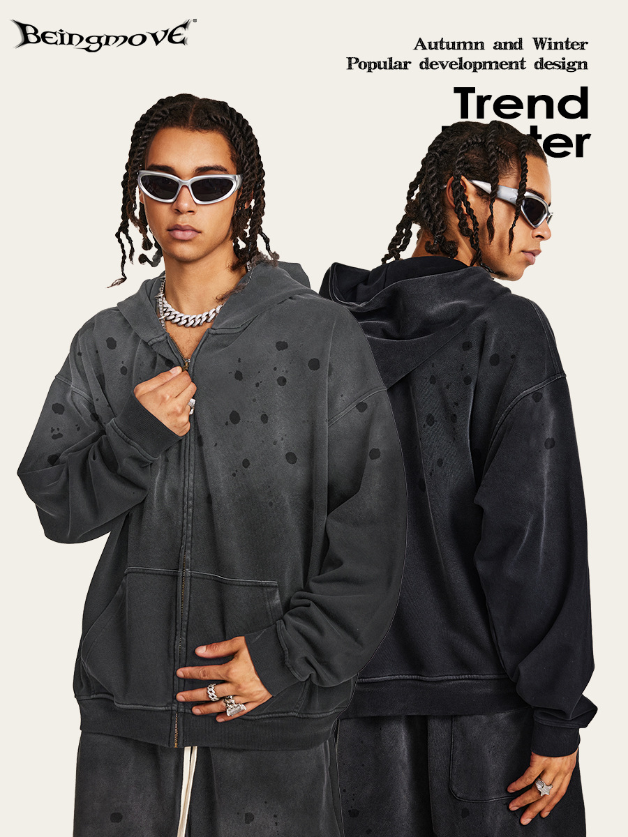 Impresora de marcas| 2025 otoño y invierno retro pintado con cremallera camiseta con capuz cardigan pesado camiseta de anillo para hombre