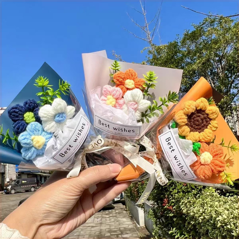 现货迷你毛线花清新小花束生日送女友情人节小搭配