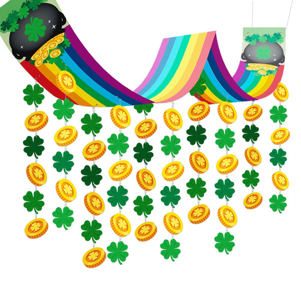 Banner de arco iris del día de San Patricio transfronterizo Lucky Clover Gold Coin Colgante Banner Decoración de escena Accesorios