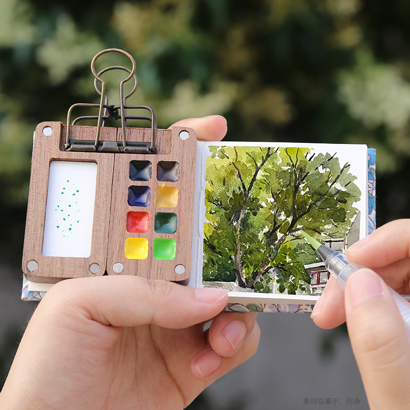 Di home mini walnut palette solid paint box travel suit watercolor packaging 8 color portable sketching