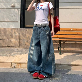 美式复古水洗解构弯刀牛仔裤女设计感三条杠条纹拼接裤