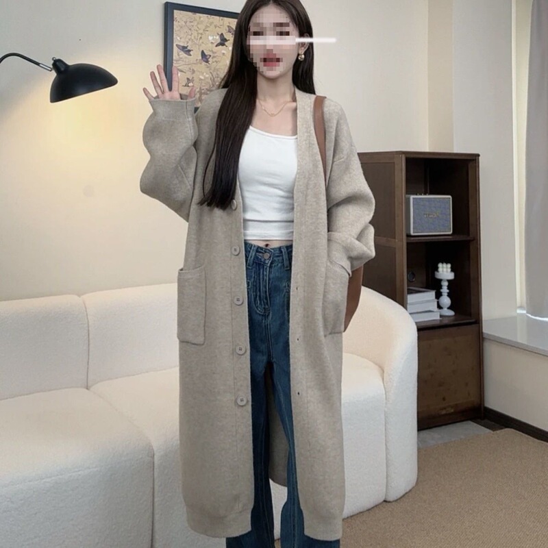 Casual V-Neck Tie Autumn and Winter Loose Thick Long Versatile Sweater Cardigan with Pockets for Women
