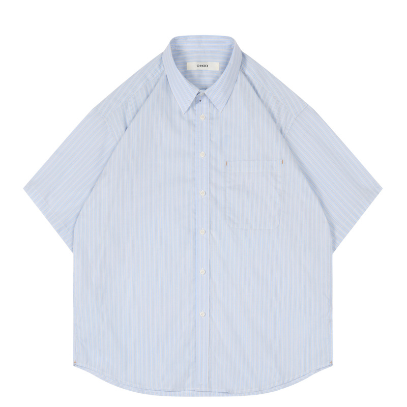 Summer Japanese-Style Cityboy Silhouette Blue and White Striped Short-Sleeve Shirt Unisex Loose Pure Cotton Work Shirt Trendy