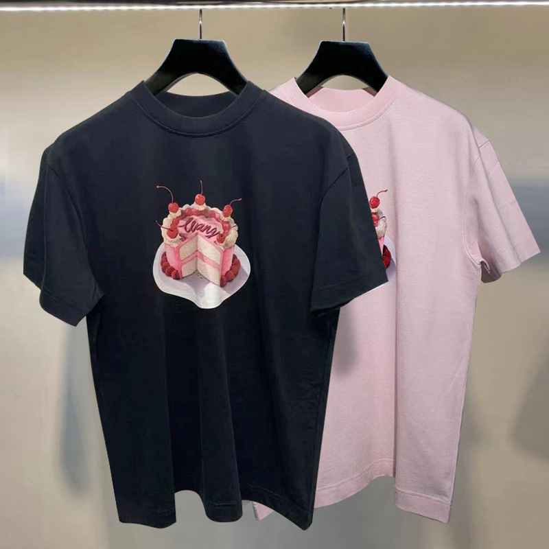 【现货】2021夏季宽松休闲上衣蛋糕印花图案圆领黑色短袖t恤女潮|ru