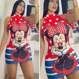 跨境亚马逊欧美卡通包臀裙套头红色中腰街头潮人印花中裙连衣裙