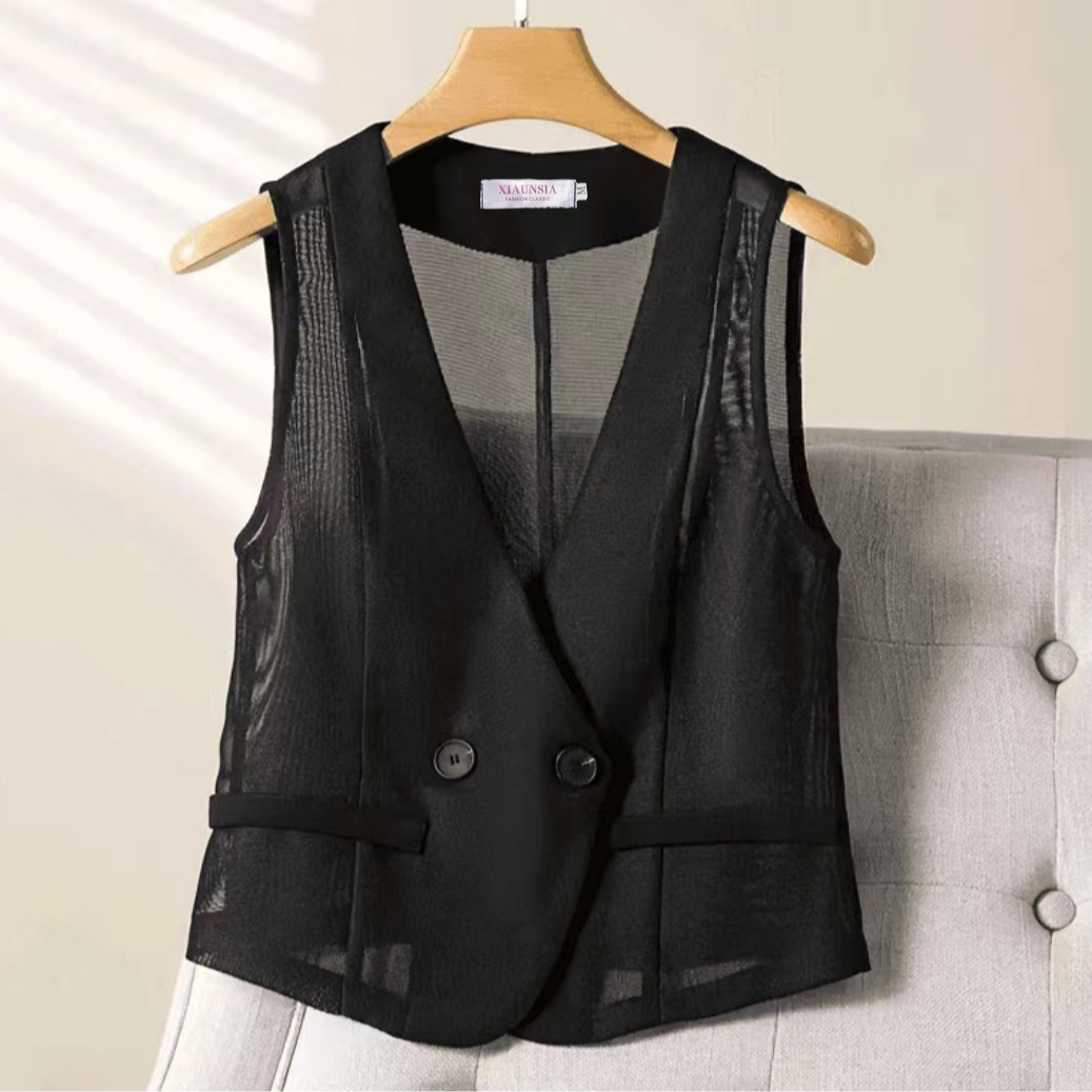 Summer Mesh Suit Vest for Women 2025 New Fashion Design Slim Double Button Short V Neck Black Versatile