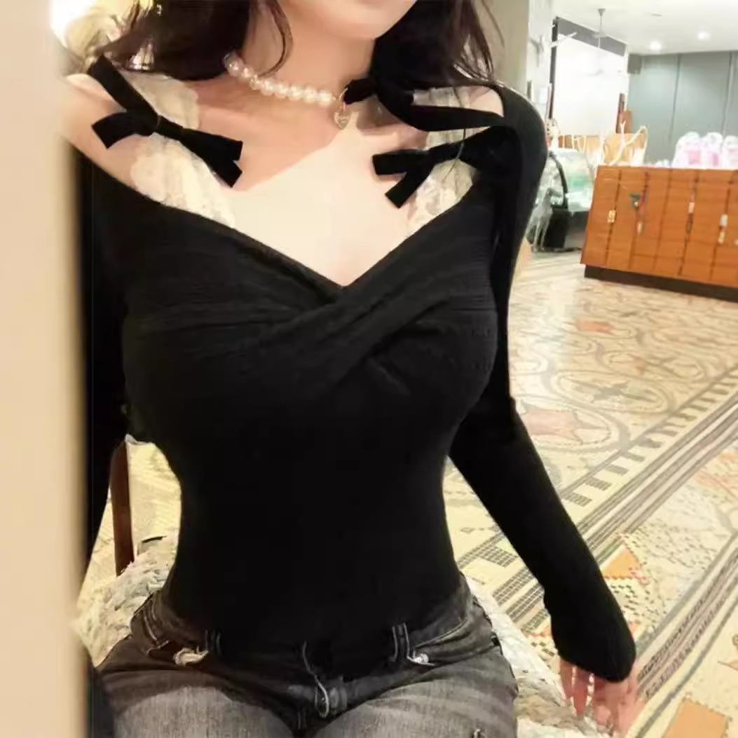 Pure Wind Fake Two-piece V-neck Bow New Autumn and Winter Fashion Korean Korean Style Slim Fit Fake Two-piece Base Shirt