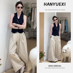 套装女2025新款甜辣修身设计感无袖针织上衣高腰阔腿休闲裤套装潮
