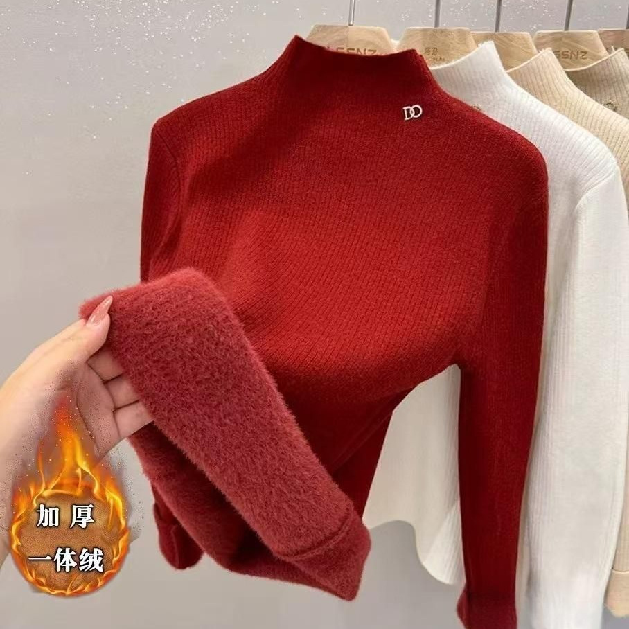 fleece-lined Thickened One-piece Fleece Half-turtleneck Sweater Women's Autumn and Winter 2024 New Knitted Inner Base Shirt Top