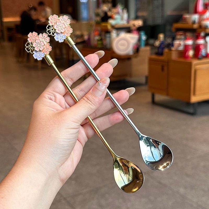 Cuchara de postre para café Sakura Ins, ligera, de lujo, de acero inoxidable 304, con mango largo y revolvimiento de alto valor._voghion.com