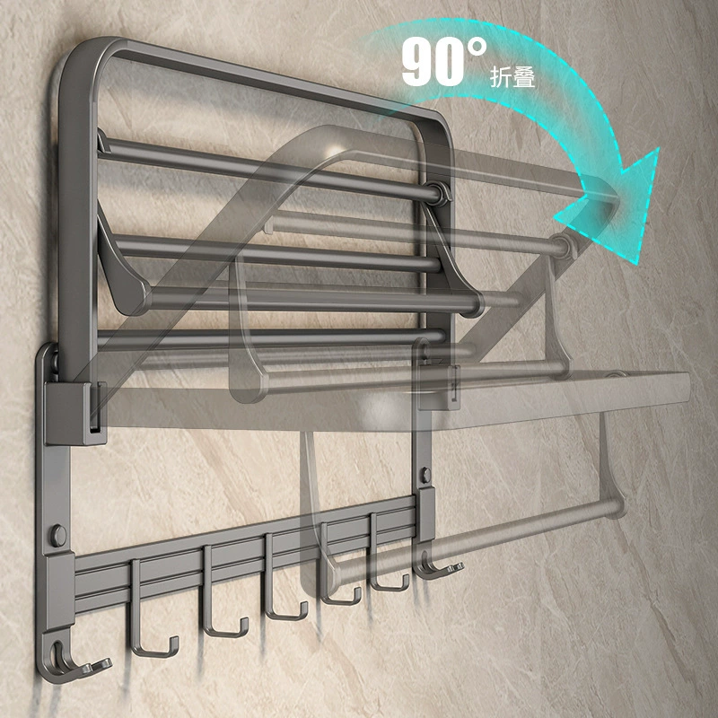 Foldable Gun Grey Towel Rack Wall-Mounted Space Aluminum Bathroom Storage Frame
