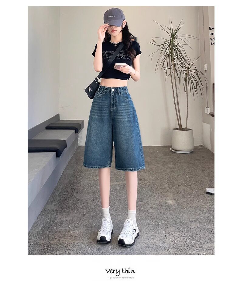 Quần short jean nữ lưng cao 5 phân kiểu Mỹ dáng suông rộng — Màu xanh - Quần lửng chi tiết 9