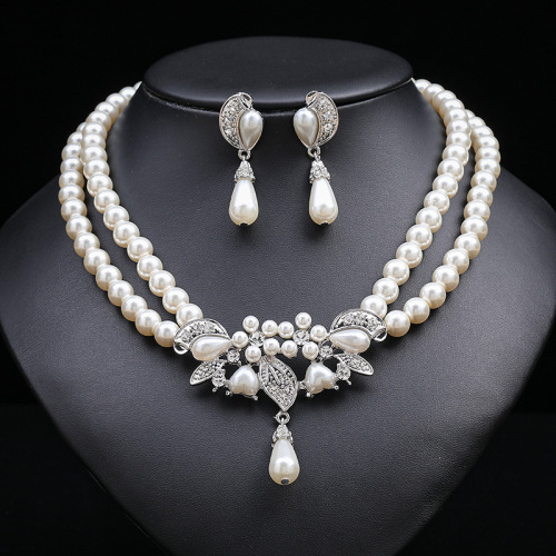 European and American jewelry wholesale, double-layered pearl necklace and earrings two-piece set, bridal dress accessories jewelry set