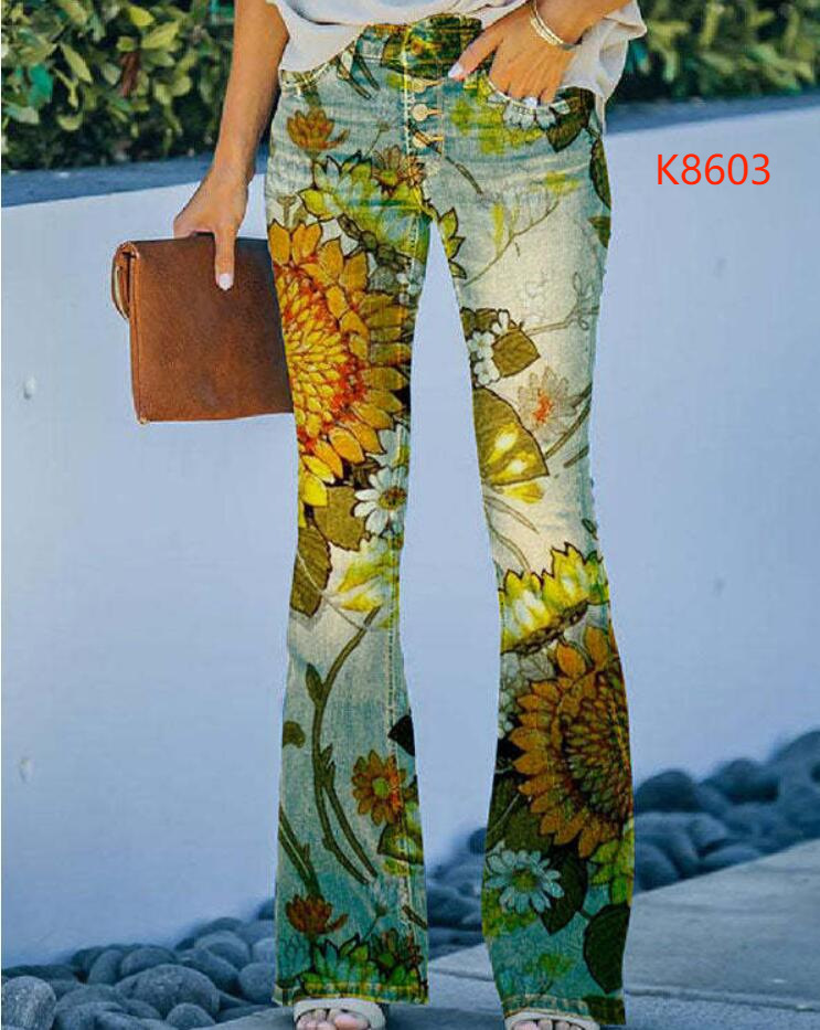 Women's clothing temperament slim micro digital printed imitation denim trousers thin_voghion.com