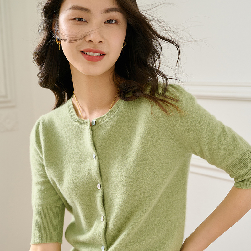 Autumn cashmere cardigan with a round collar