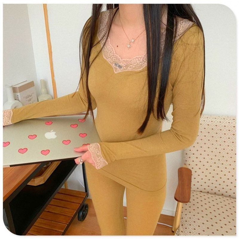 여자용 써멀 속옷, 두껍고, 인터넷 셀럽, 레이스 바텀 셔츠, 가을과 겨울 2024년 신상품 가을 옷과 가을 바지