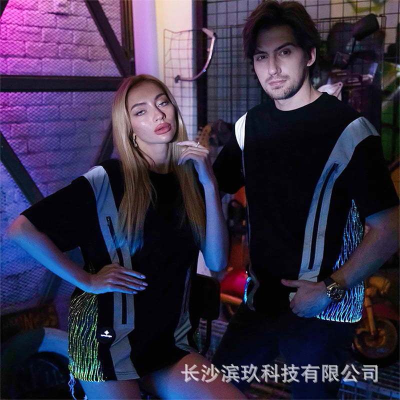 2025 New Luminous Led Men's and Women's Round Neck Korean Trend Half-Sleeved T-Shirt Bar Nightclub Cycling Night Running Luminous T-Shirt
