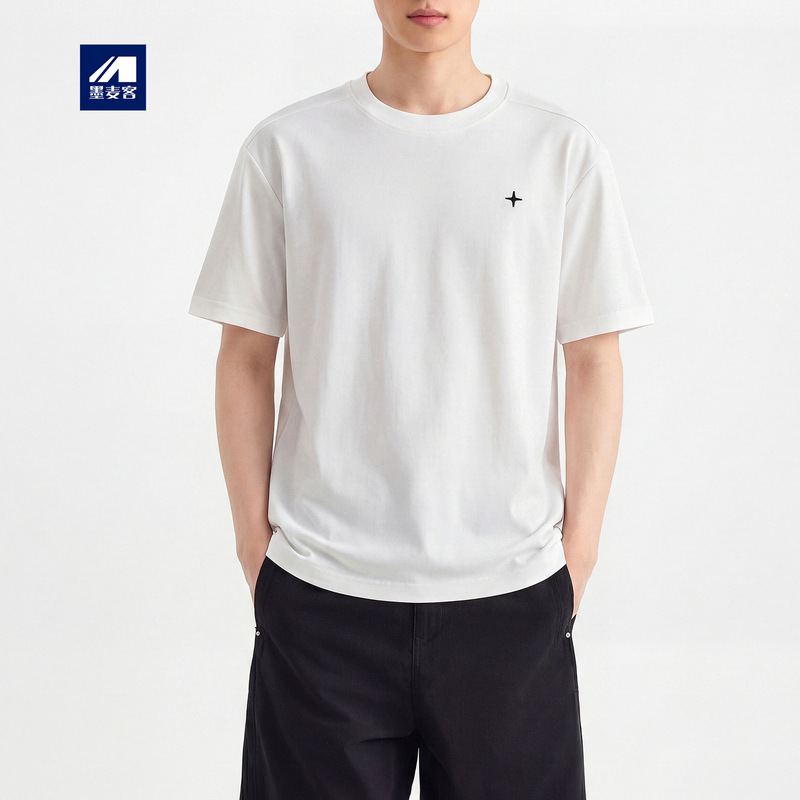 Momaik Men's High-Quality Commuting Simple Embroidered T-Shirt Men's 2026 Summer New Round Neck Men's Short Sleeve 75955