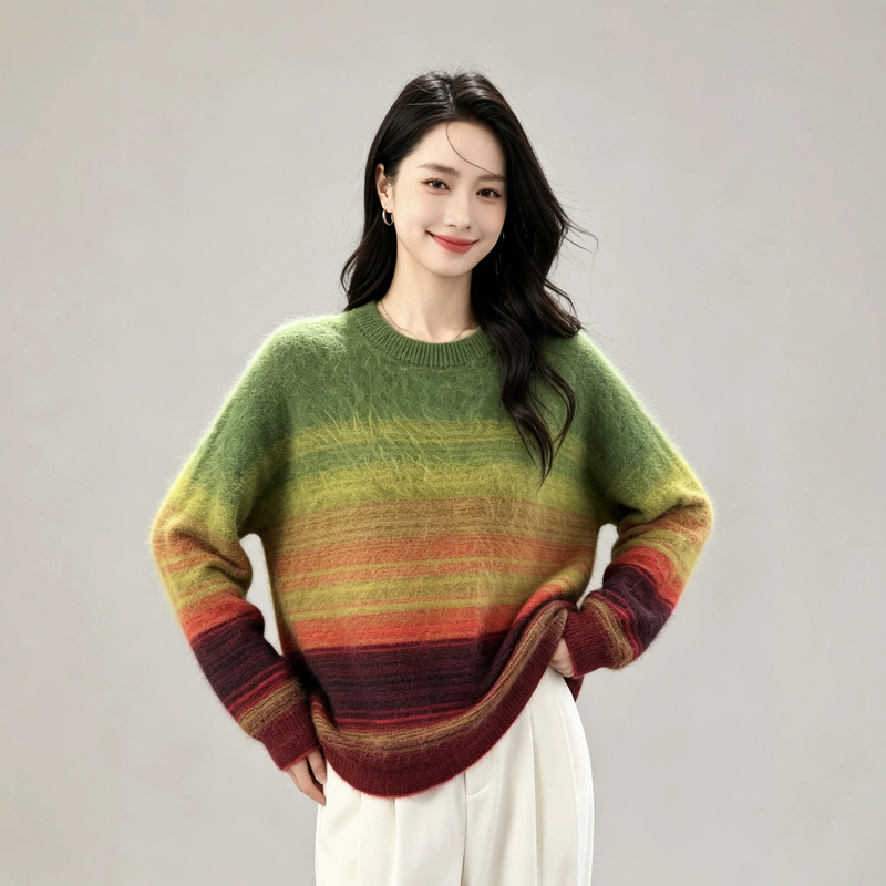 2026 new brushed fabric 5% cashmere 5% mulberry silk 90% wool round neck color-blocked brushed women's pullover 2026 new brushed fabric 5% cashmere 5% mulberry silk 90% wool round neck color-blocked brushed women's pullover