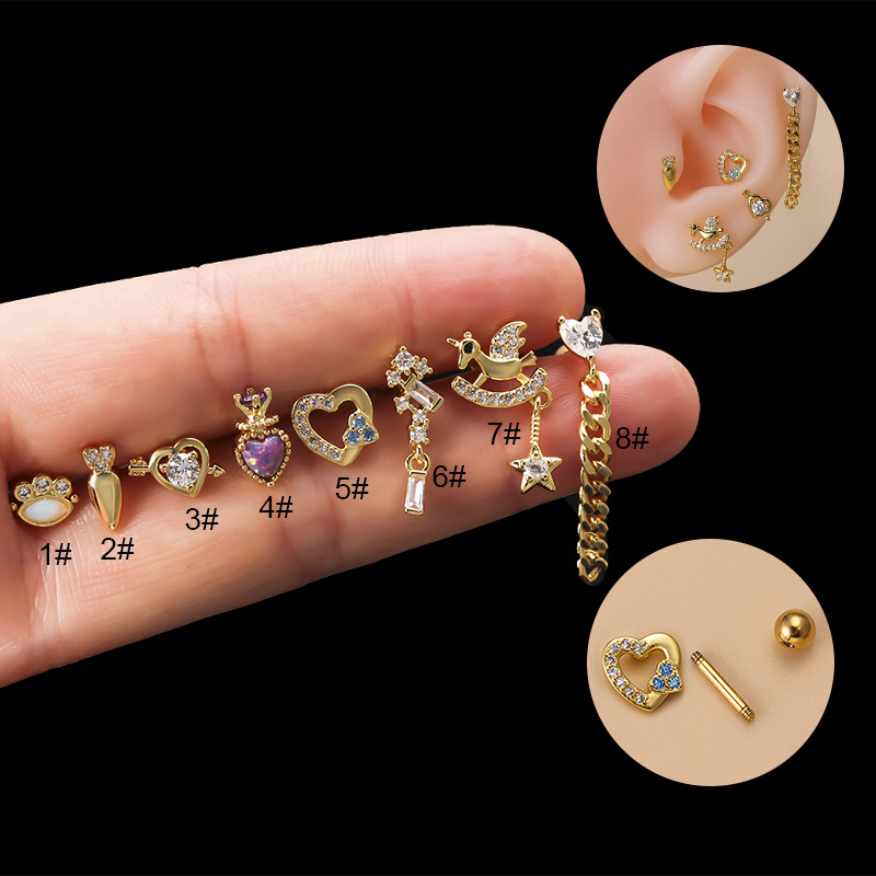 Henson-varilla de tornillo de doble cabeza de acero inoxidable, 1,2 m de espesor, oreja de circón, borla de corazón, tachuelas individuales a la moda_voghion.com
