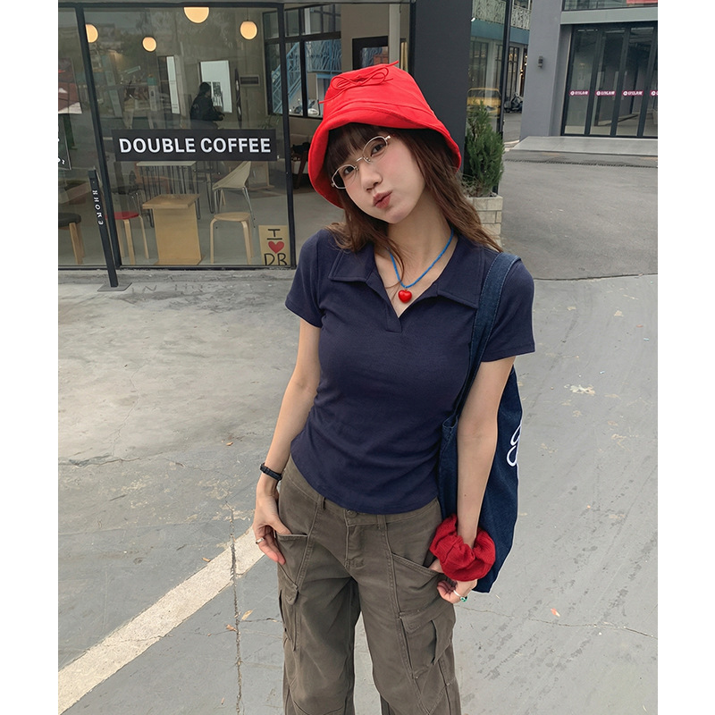 实拍 #白色polo领正肩短袖T恤女春季2026新款韩系褶皱收腰显瘦
