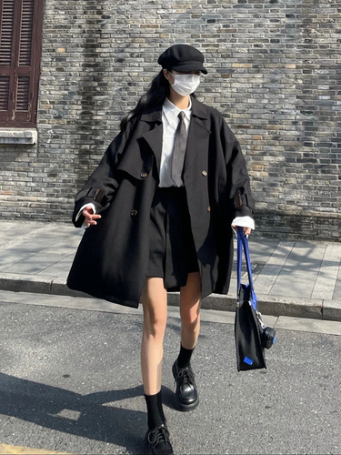 Black trench coat for women spring and autumn mid-length loose waisted 2023 new Korean style small lace-up coat