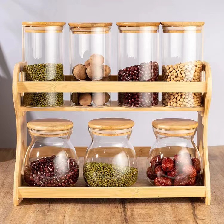 Wooden kitchen storage rack 2025 desktop seasoning bottle spice storage rack bamboo wood grain storage rack