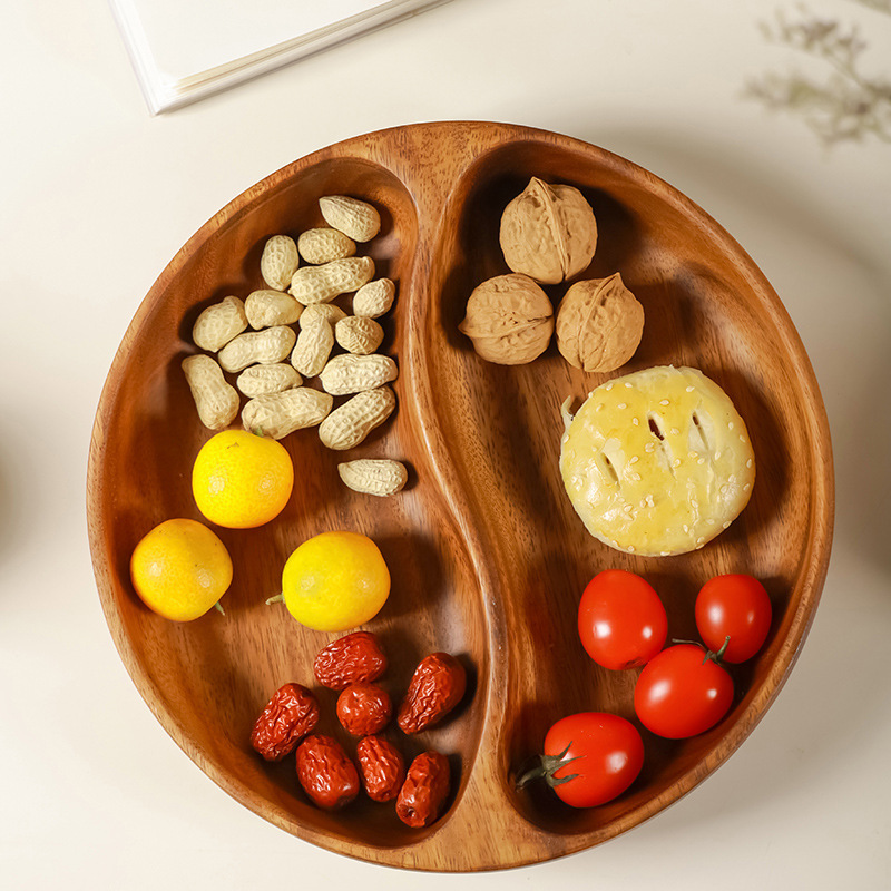 南米の胡桃の木の果物の皿の実木の円形の乾果のお菓子の子供の間食の果物の皿のサラダの碗のアカシアの木のトレー|undefined