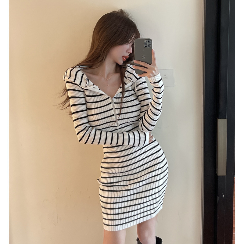2023 Mature Style Simple Hooded Zipper Knit Sweatshirt Bodycon Dress 464 Fashionable Commuter Style