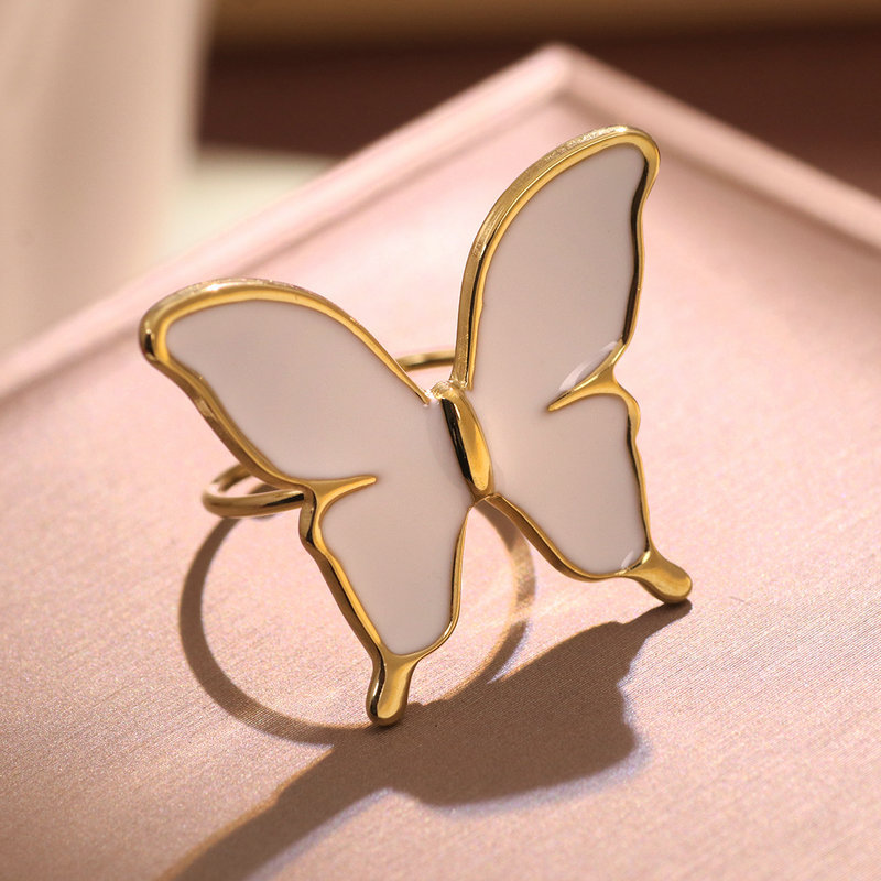 304 Stainless Steel 18K Gold Plated Cute Lady Enamel Plating Butterfly Open Rings display picture 6