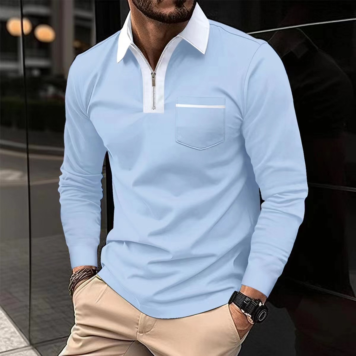 Men's Casual Solid New Long Sleeved Polo Shirt Autumn And Winter Lapel Zippered T-Shirt Top Golf Men's High-Quality Street Wear_voghion.com