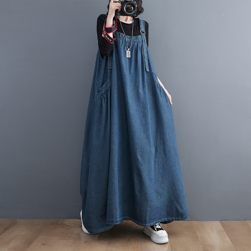 2024 primavera/verano otoño vestido largo retro suelta adelgazamiento Denim suspender vestido largo vestido grande SWING