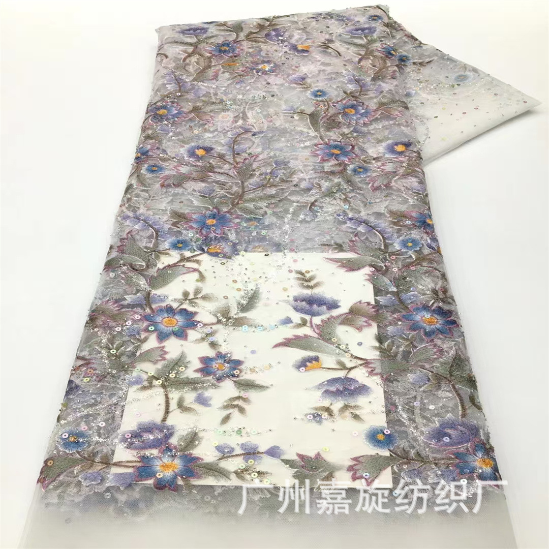 Tela de malla con lentejuelas impresas de colores y bordados, accesorios de moda para vestidos y trajes de estilo fresco.