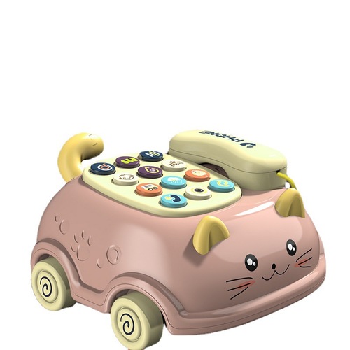Cat pull-string telephone car baby toy, multi-functional cartoon car for infants and young children, early education educational toy