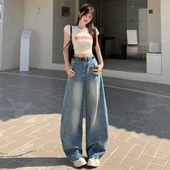 アメリカのレトロな高腰のまっすぐな筒の広い足の曲がった刀のジーパンの女性の春の服装のゆったりしている馬蹄は地のズボンを引きずって卸売りします。