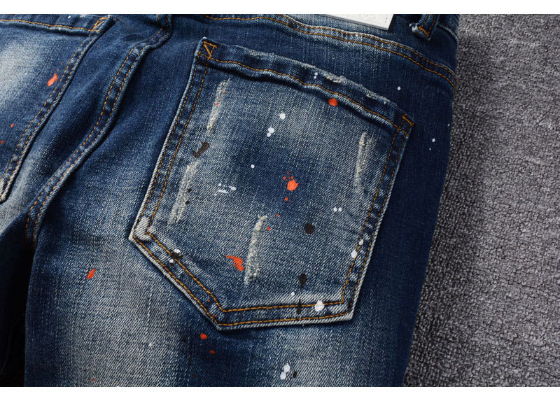 Men's Retro Blue Washed Jeans | Splatter Paint & Ripped Detail | Relaxed Straight Leg Denim Pants Comfortable Straight Leg Fit_viptrois.com