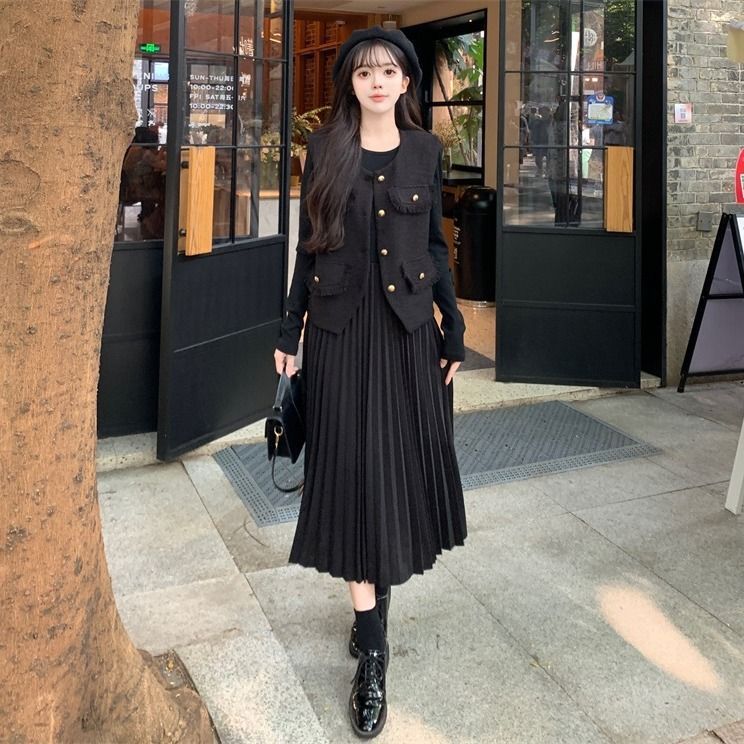2025新款高领长袖两件套套装气质女神范显瘦休闲感法式马甲|undefined