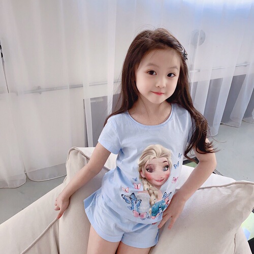 Princess Elsa Girls' Frozen Pajamas Summer Short Sleeve Cute Super Cute Cotton Internet Celebrity Middle and Older Children's Home Set